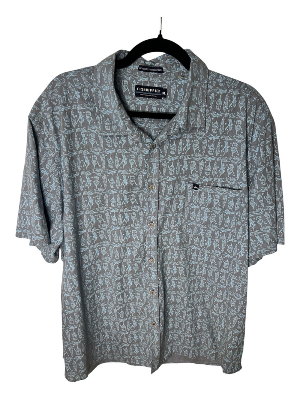 Fish Hippie CO Men's linen hemp  Short Sleeve Button-Down Shirt - Fish Print XL